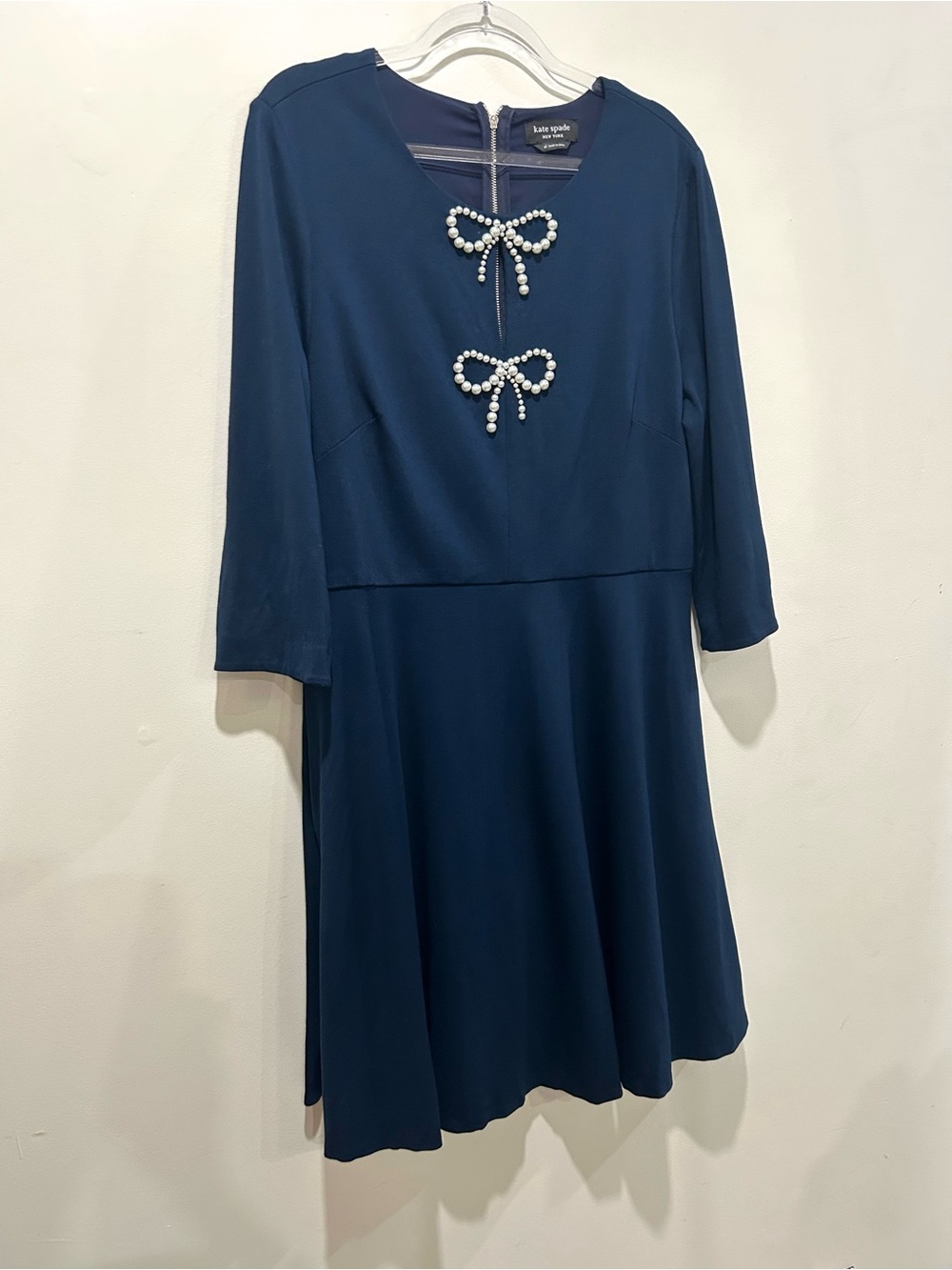 Kate Spade A-line Dress Pearl Bows Women’s XL Navy Blue Stretch Pockets Dressy - Picture 9 of 15